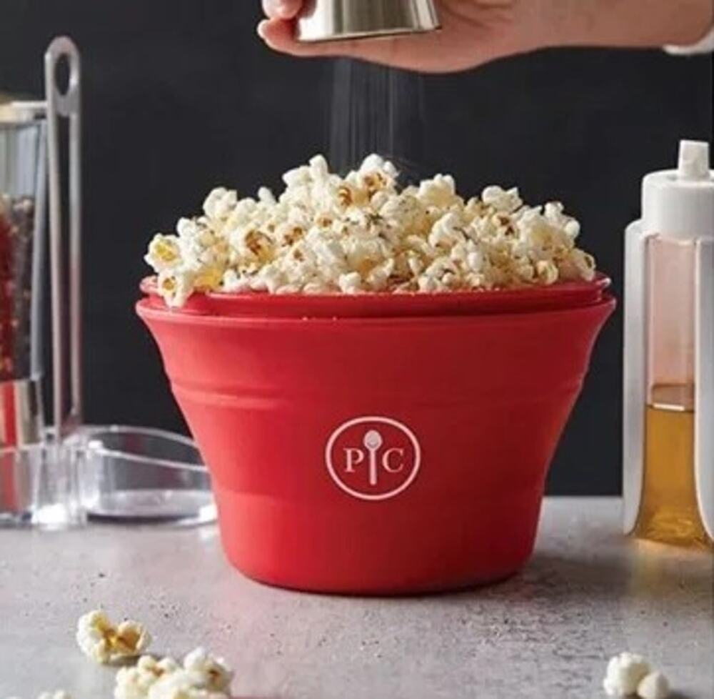 Pampered Chef Microwave Popcorn Maker Bowl Red Silicone Collapsible Lid 1457